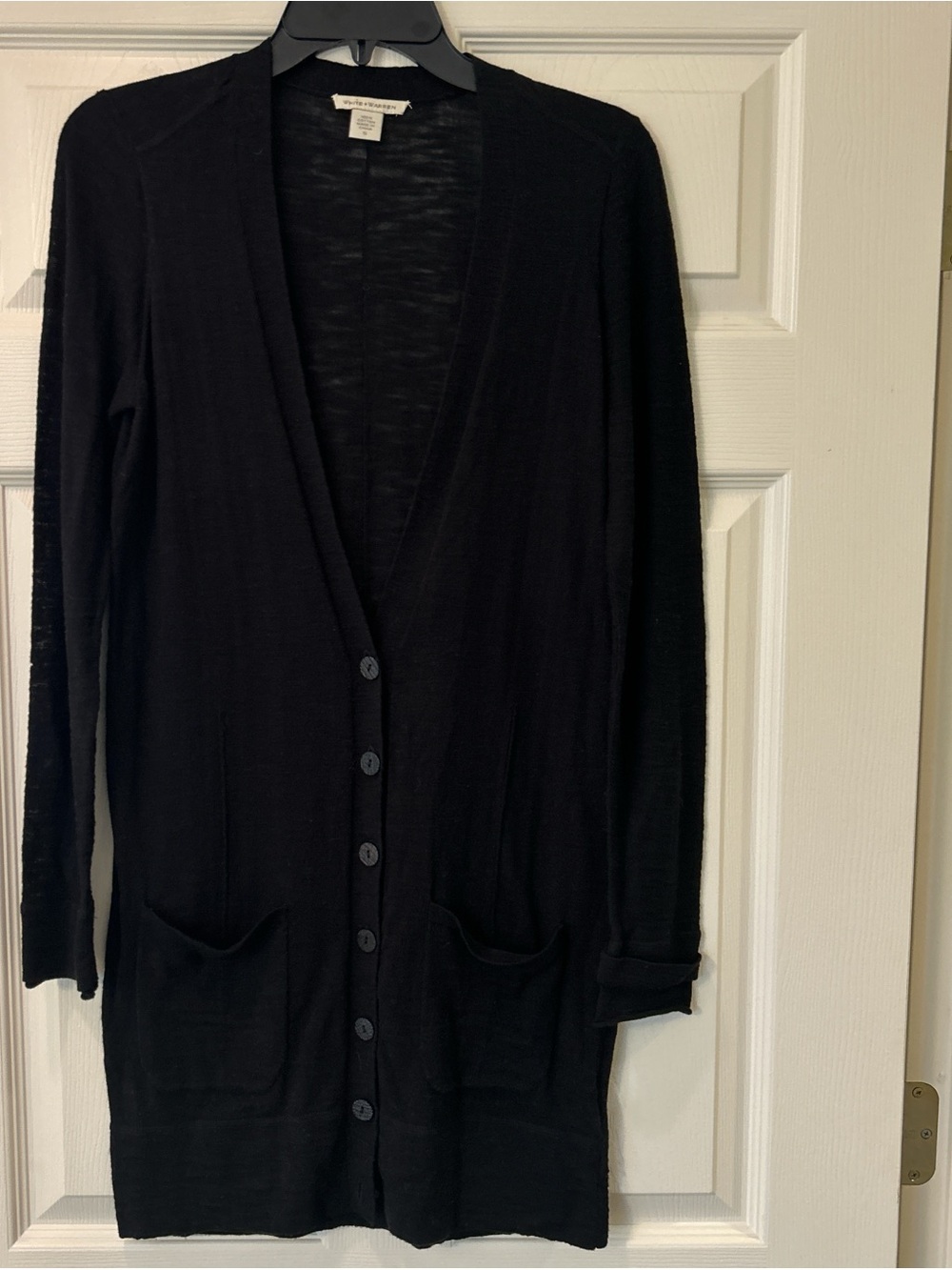 White + Warren Black Long V-Neck Button Cardigan